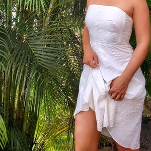 J Crew white textured cotton strapless tea dress